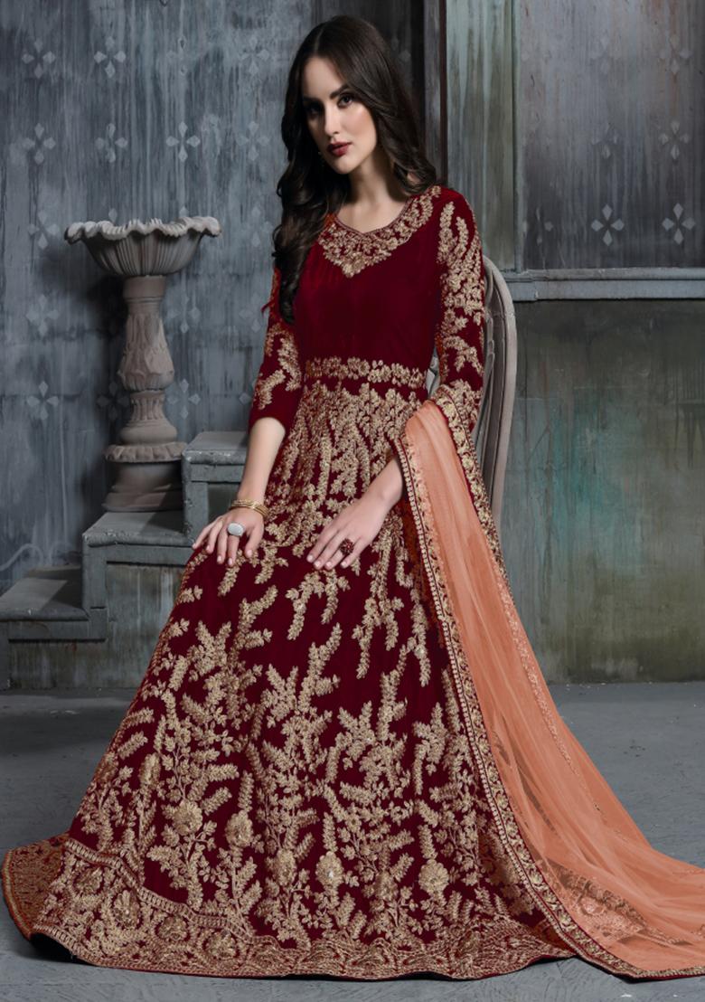 Red Embroidered Velvet Anarkali Set With Dupatta - Indya