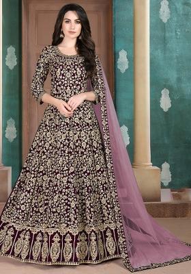 Purple Embroidered Georgette Anarkali Set With Dupatta