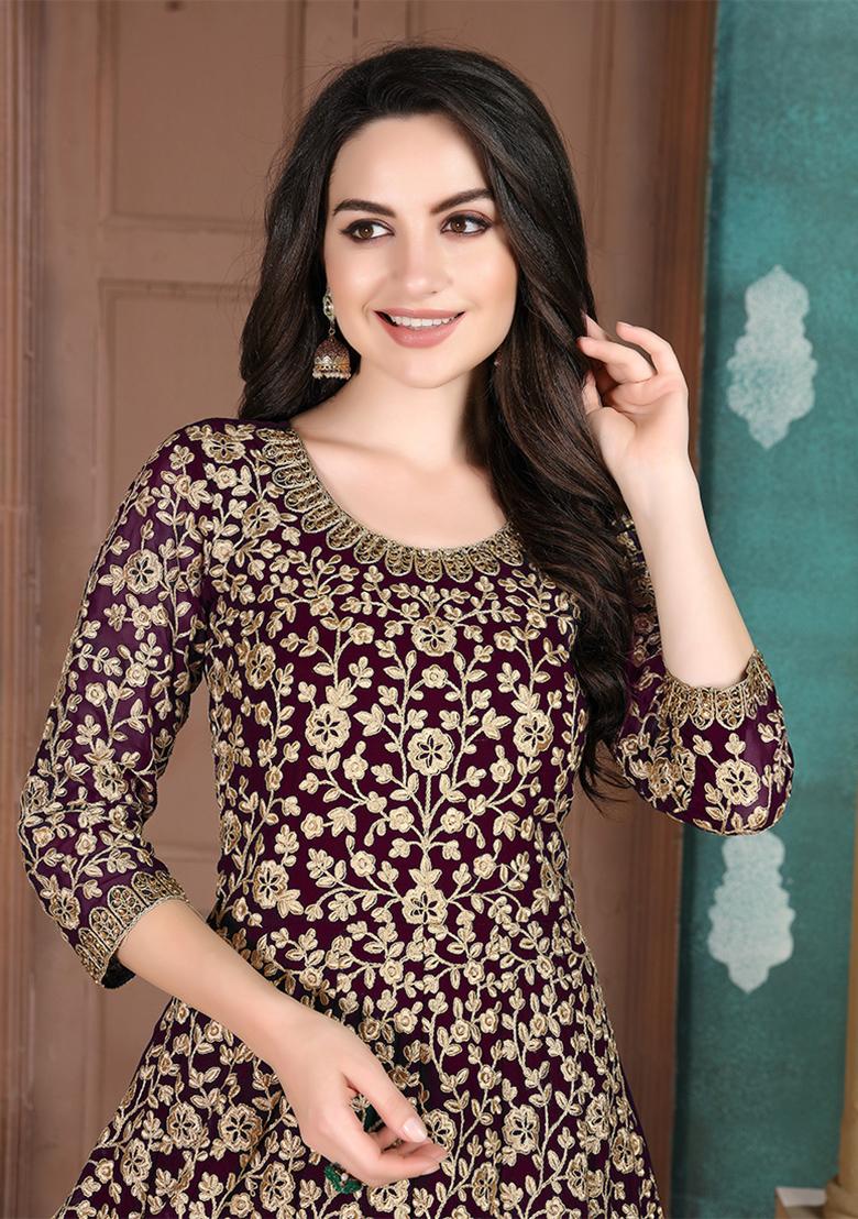 Purple Embroidered Georgette Anarkali Set With Dupatta - Indya