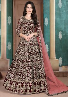 Maroon Embroidered Georgette Anarkali Set With Dupatta