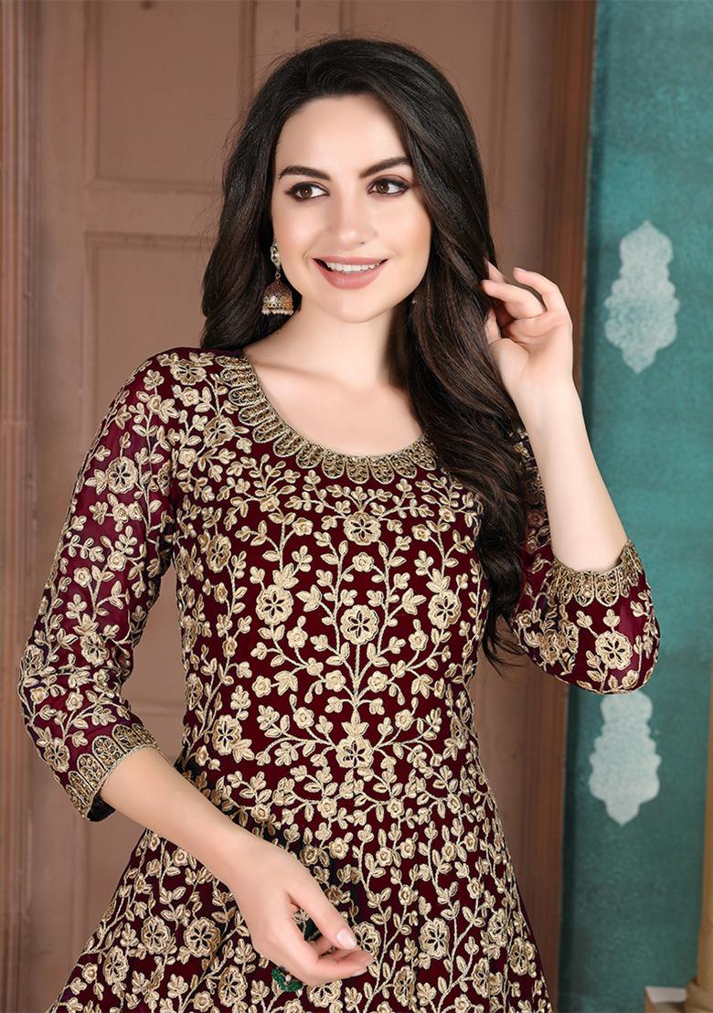Maroon Embroidered Georgette Anarkali Set With Dupatta - Indya