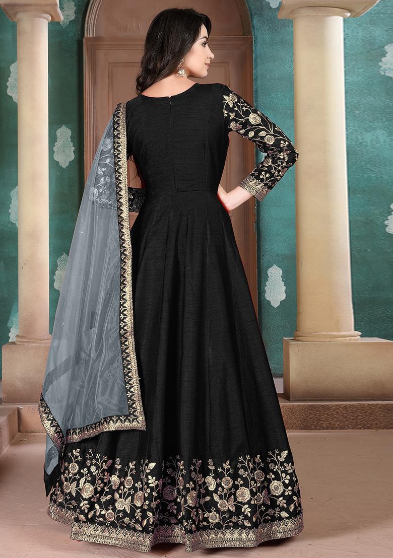 Black Embroidered Silk Anarkali Set With Dupatta - Indya