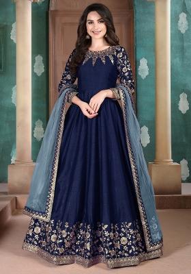 Blue Embroidered Silk Anarkali Set With Dupatta