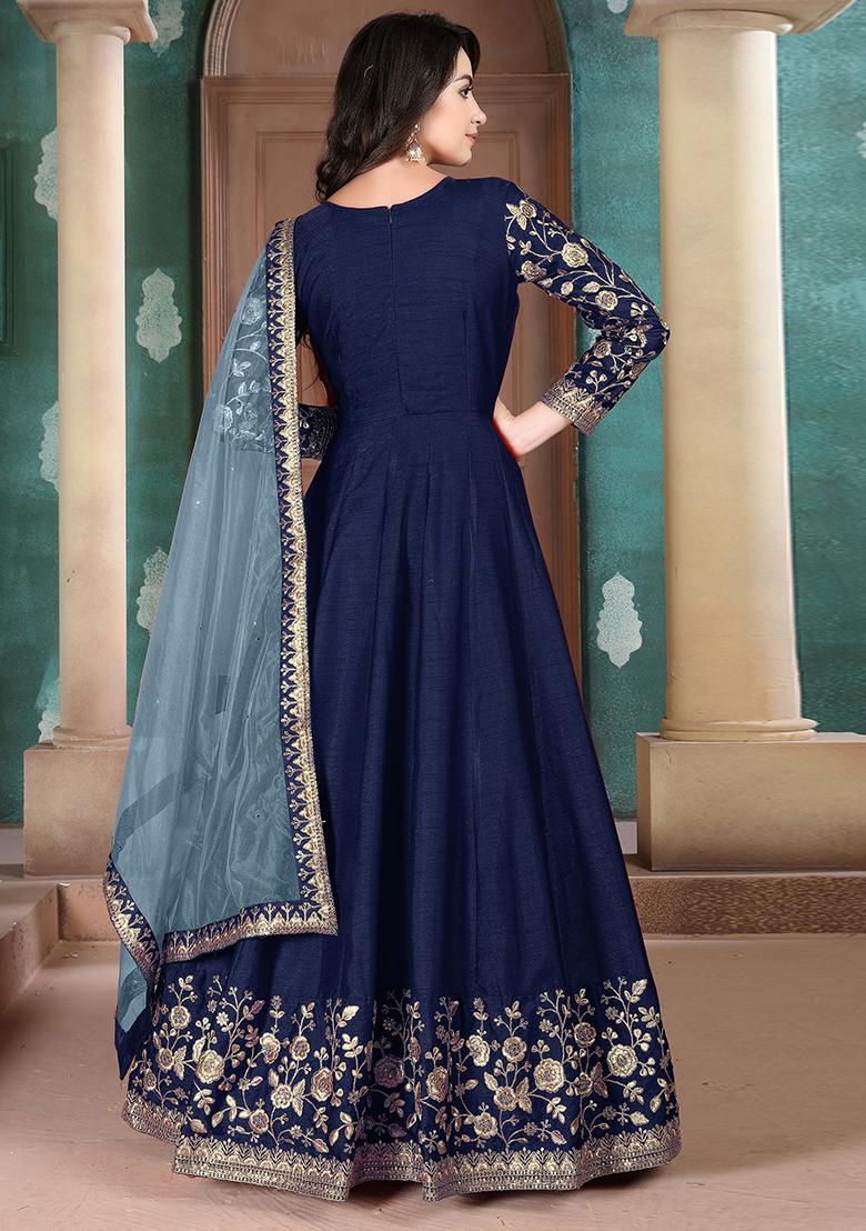Blue Embroidered Silk Anarkali Set With Dupatta - Indya