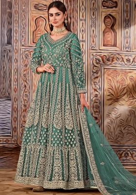 Green Embroidered Net Anarkali Set With Dupatta