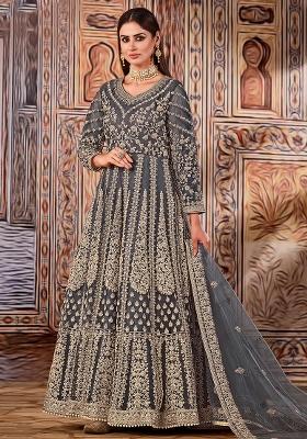 Grey Embroidered Net Anarkali Set With Dupatta