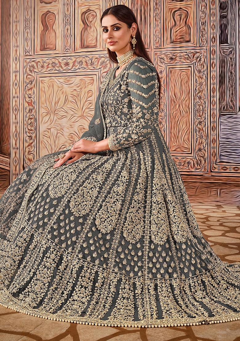 Grey Embroidered Net Anarkali Set With Dupatta - Indya