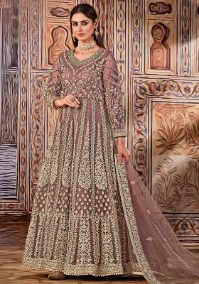 Purple Embroidered Net Anarkali Set With Dupatta