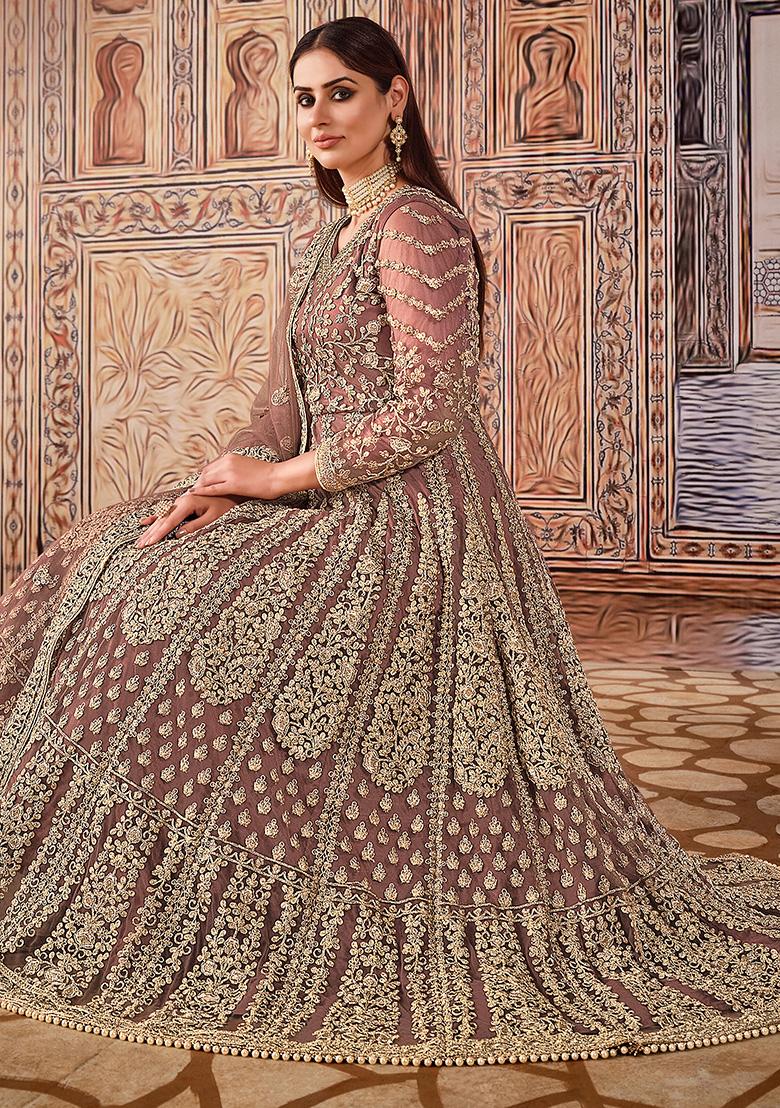 Purple Embroidered Net Anarkali Set With Dupatta - Indya