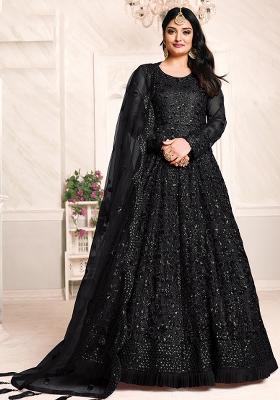 Black Embroidered Net Anarkali Set With Dupatta