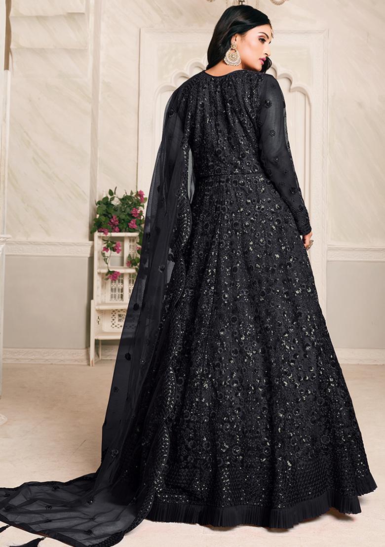 Black Embroidered Net Anarkali Set With Dupatta - Indya