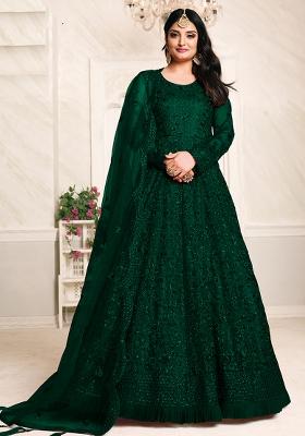 Green Embroidered Net Anarkali Set With Dupatta