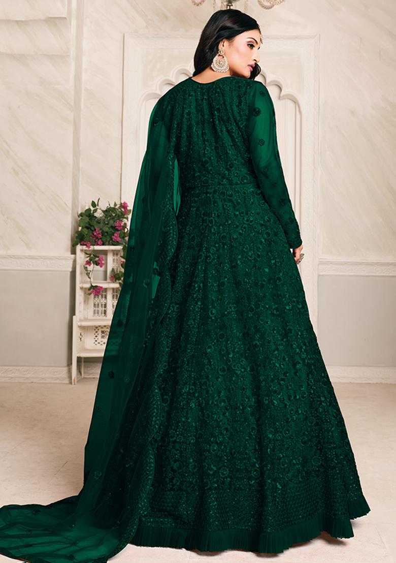 Green Embroidered Net Anarkali Set With Dupatta - Indya