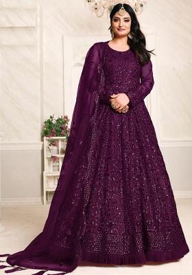 Wine Embroidered Net Anarkali Set With Dupatta