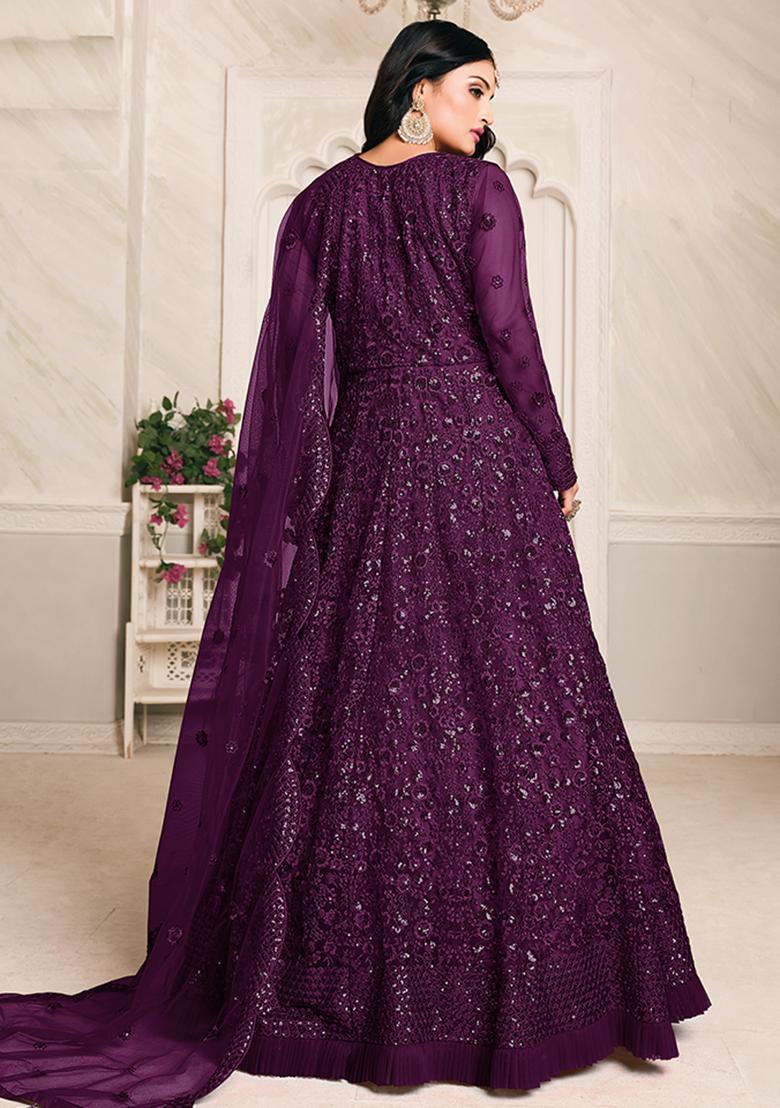 Wine Embroidered Net Anarkali Set With Dupatta - Indya