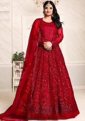 Red Embroidered Net Anarkali Set With Dupatta