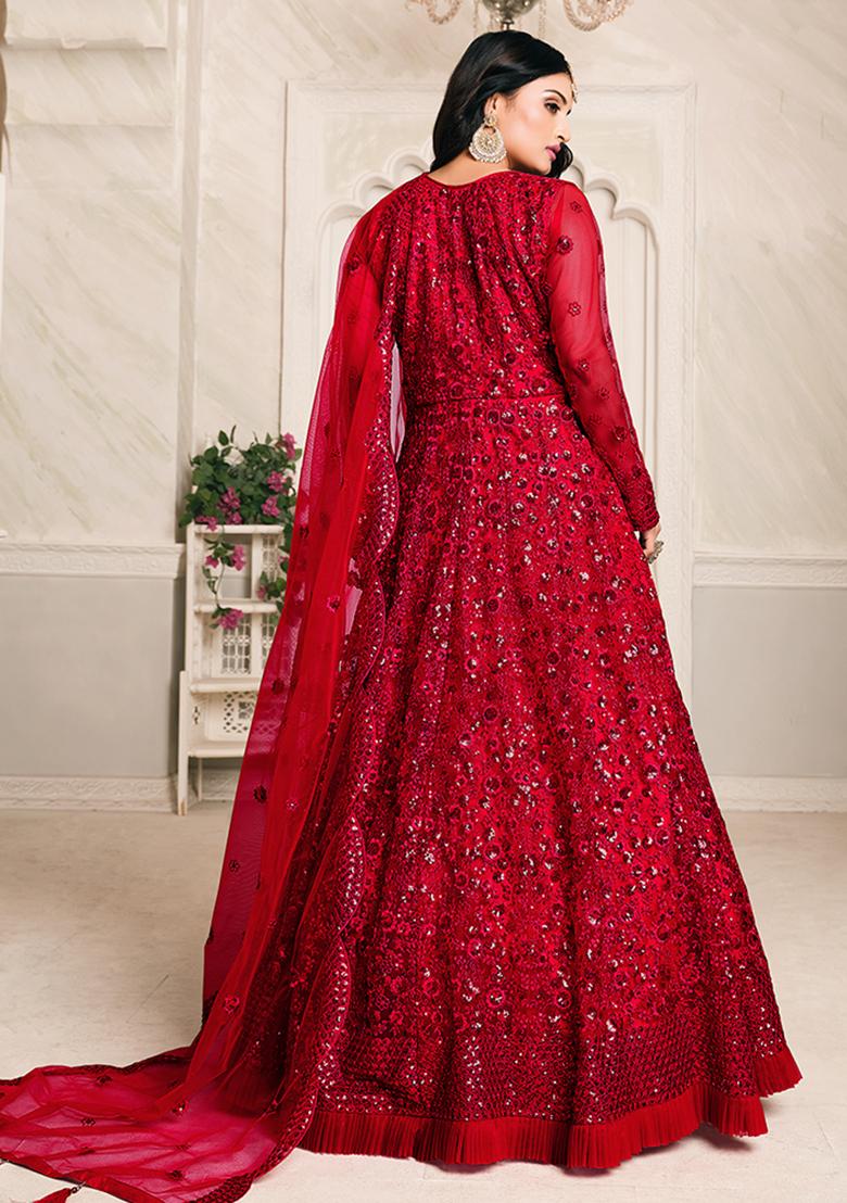 Red Embroidered Net Anarkali Set With Dupatta - Indya