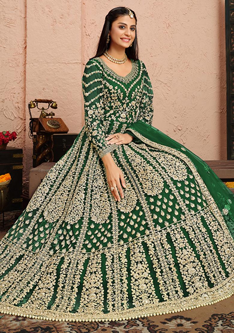 Green Embroidered Net Anarkali Set With Dupatta - Indya