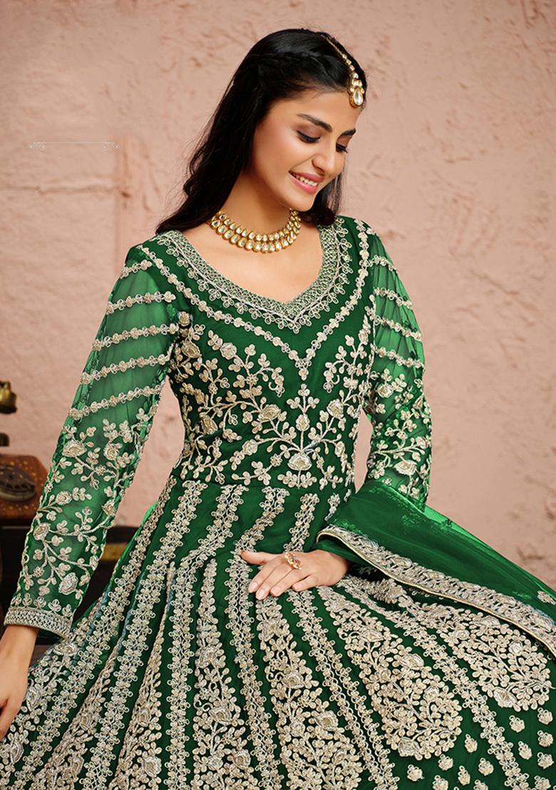 Green Embroidered Net Anarkali Set With Dupatta - Indya