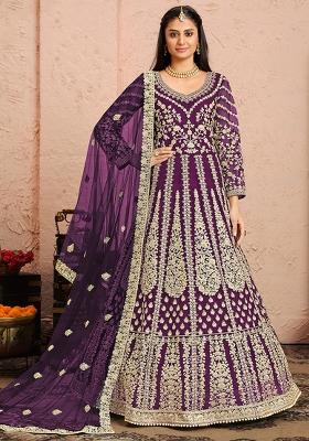 Purple Embroidered Net Anarkali Set With Dupatta