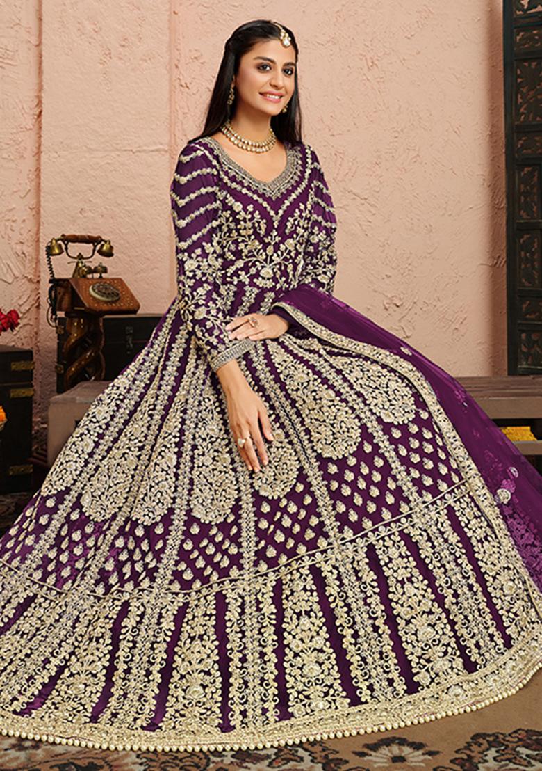 Purple Embroidered Net Anarkali Set With Dupatta - Indya