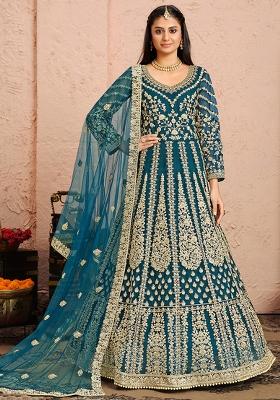 Blue Embroidered Net Anarkali Set With Dupatta