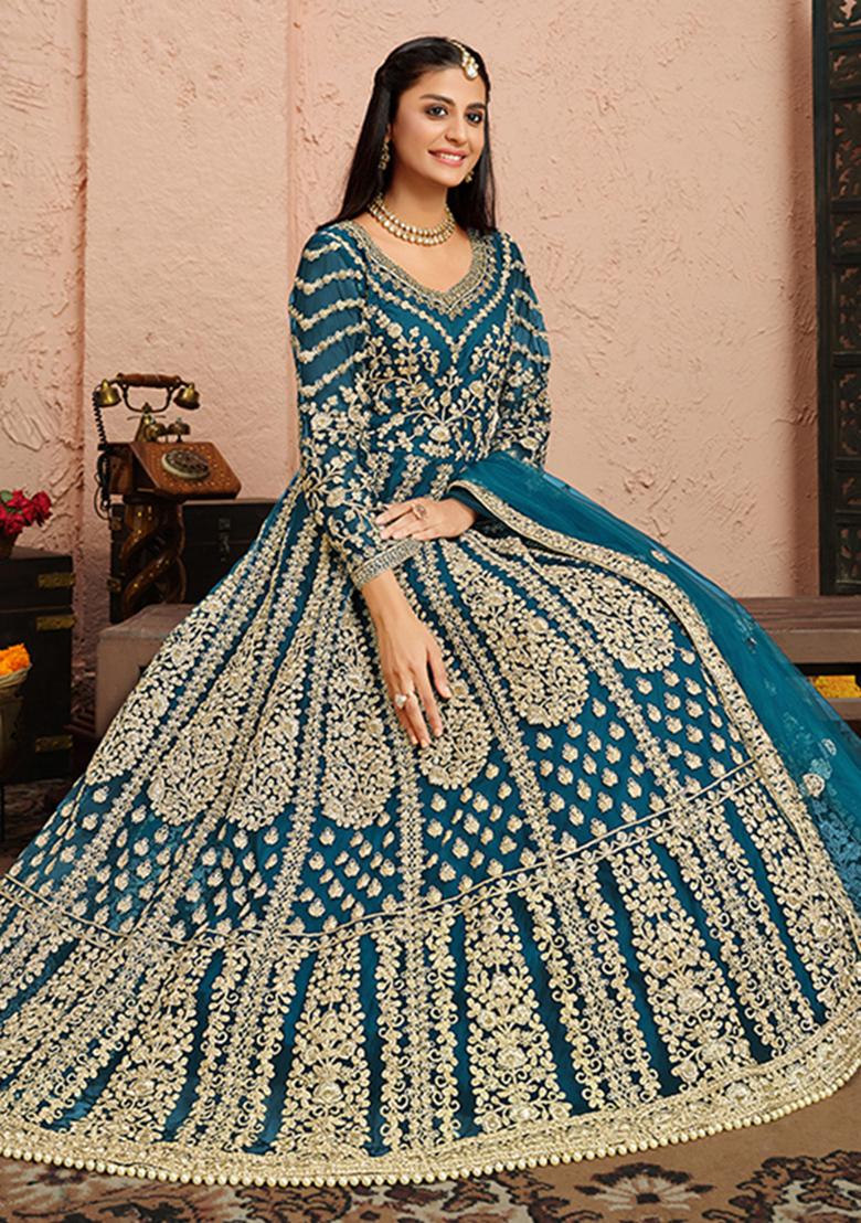 Blue Embroidered Net Anarkali Set With Dupatta - Indya