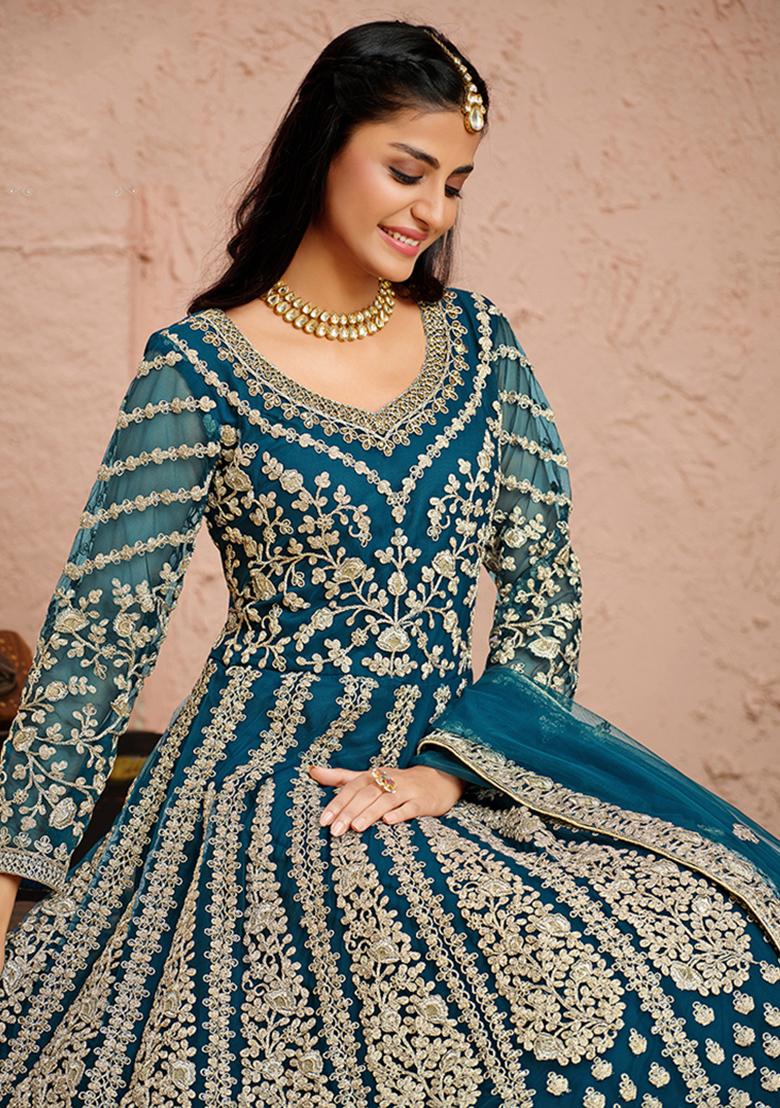 Blue Embroidered Net Anarkali Set With Dupatta - Indya