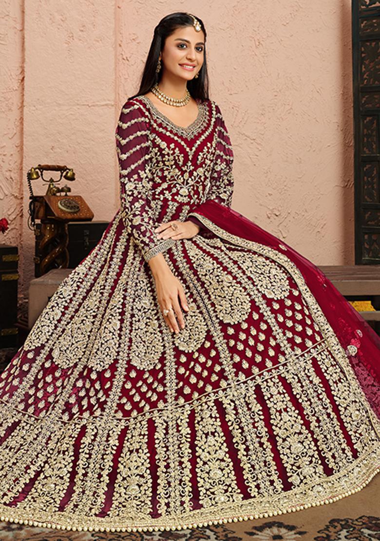 Pink Embroidered Net Anarkali Set With Dupatta - Indya