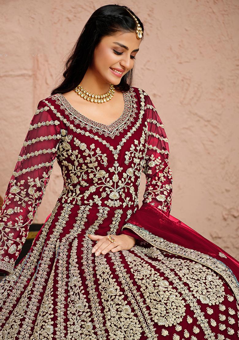 Pink Embroidered Net Anarkali Set With Dupatta - Indya
