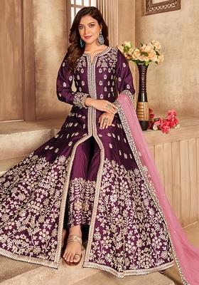 Wine Embroidered Silk Anarkali Set With Dupatta
