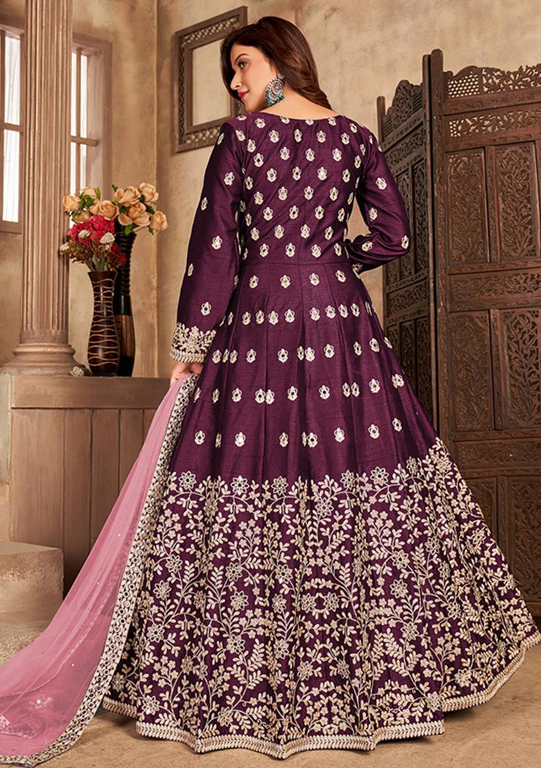 Wine Embroidered Silk Anarkali Set With Dupatta - Indya