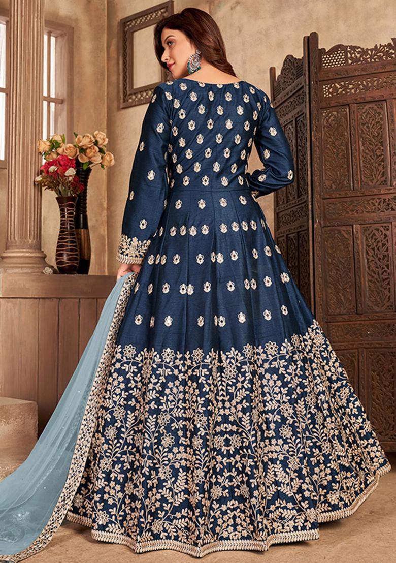 Blue Embroidered Silk Anarkali Set With Dupatta - Indya