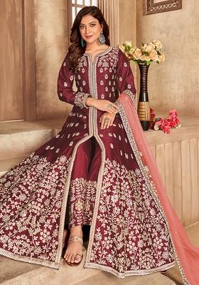 Maroon Embroidered Silk Anarkali Set With Dupatta