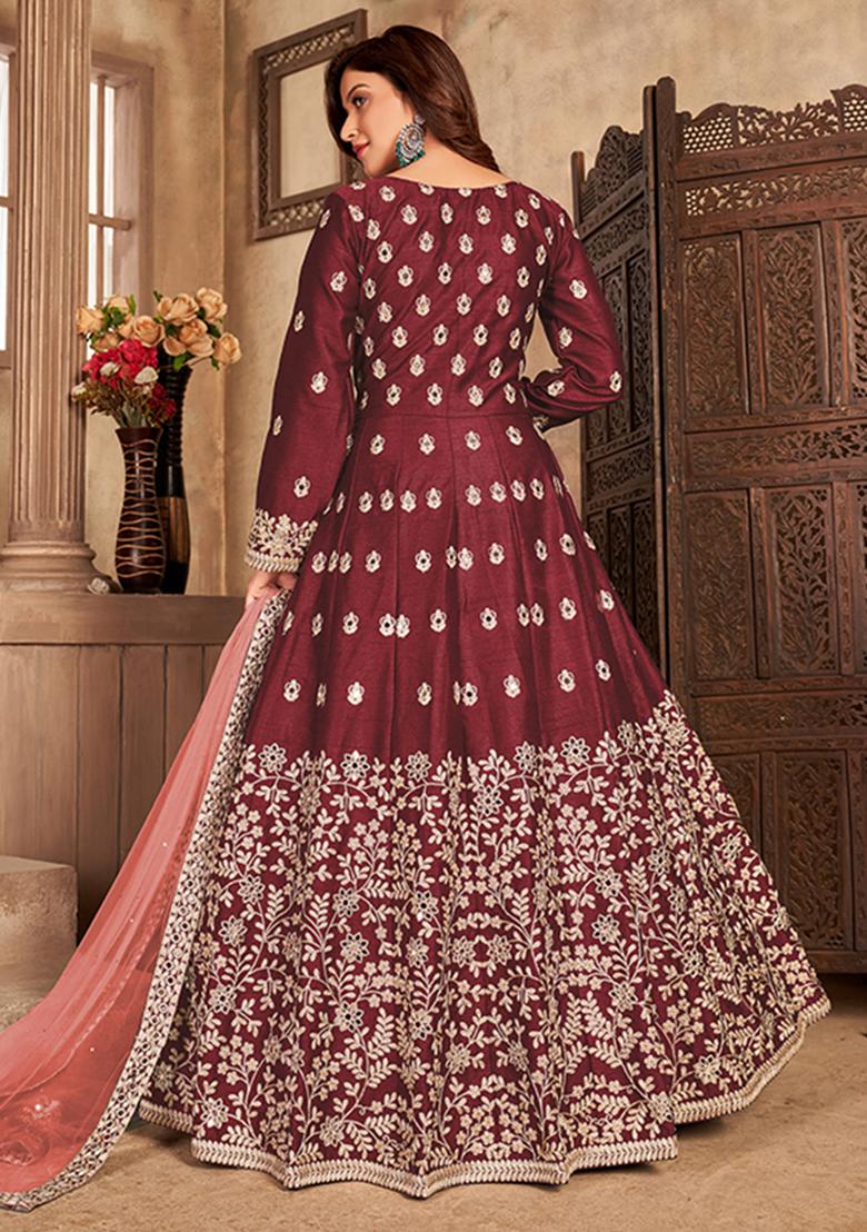 Maroon Embroidered Silk Anarkali Set With Dupatta - Indya