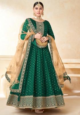 Green Embroidered Blended Anarkali Set With Dupatta