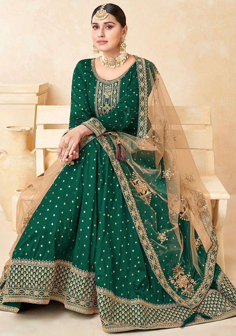 Green Embroidered Blended Anarkali Set With Dupatta - Indya
