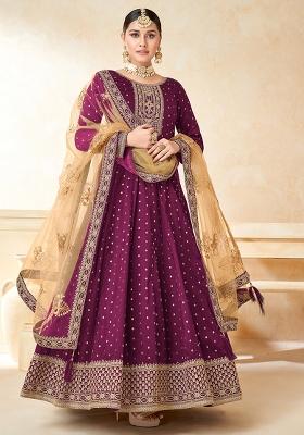 Purple Embroidered Blended Anarkali Set With Dupatta