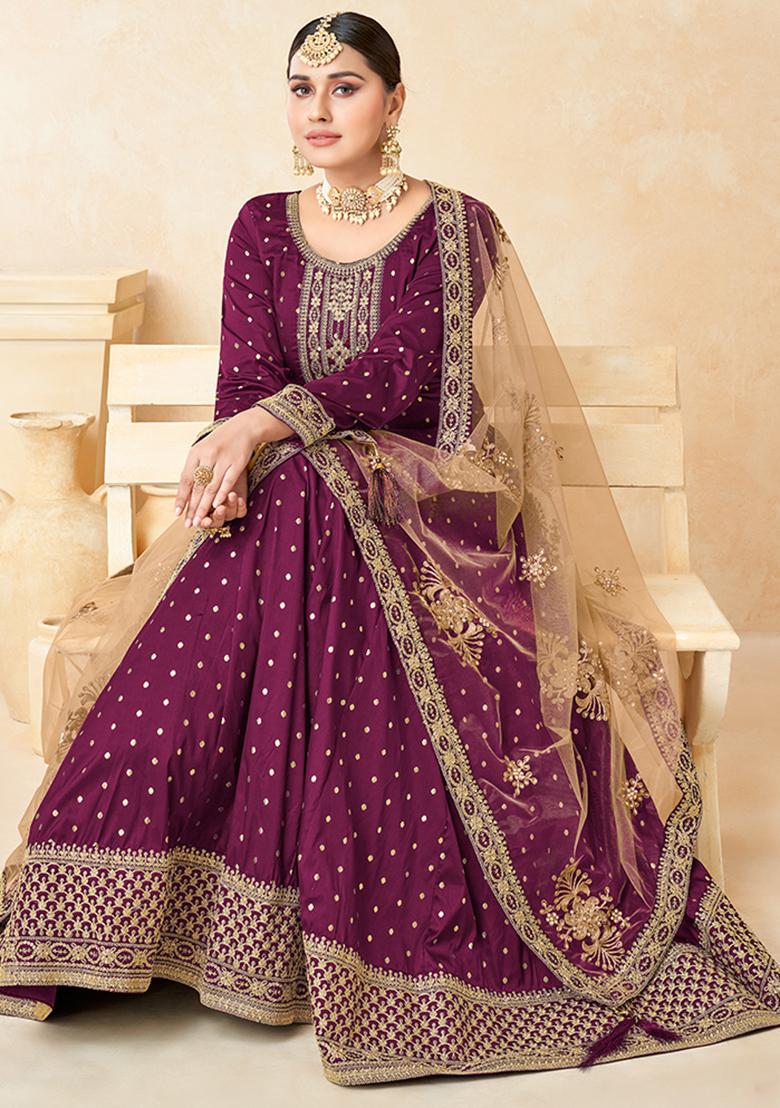 Purple Embroidered Blended Anarkali Set With Dupatta - Indya