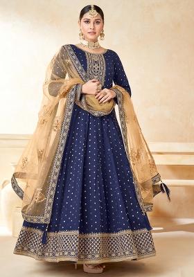 Blue Embroidered Blended Anarkali Set With Dupatta