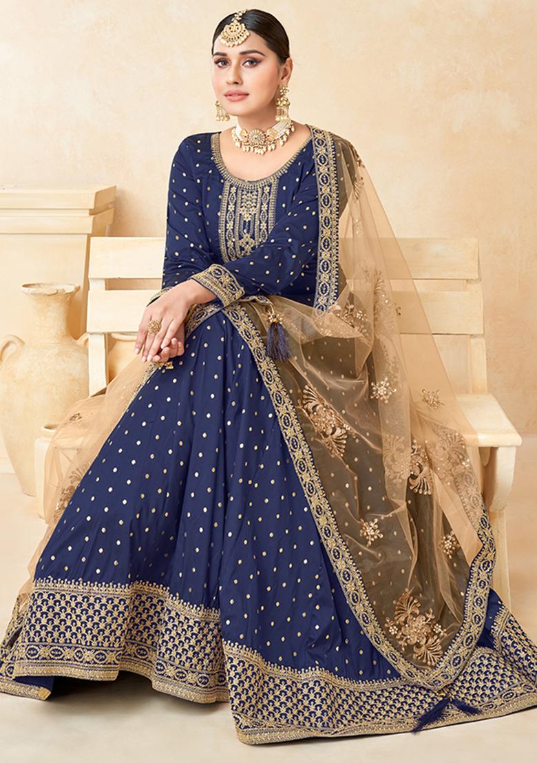 Blue Embroidered Blended Anarkali Set With Dupatta - Indya