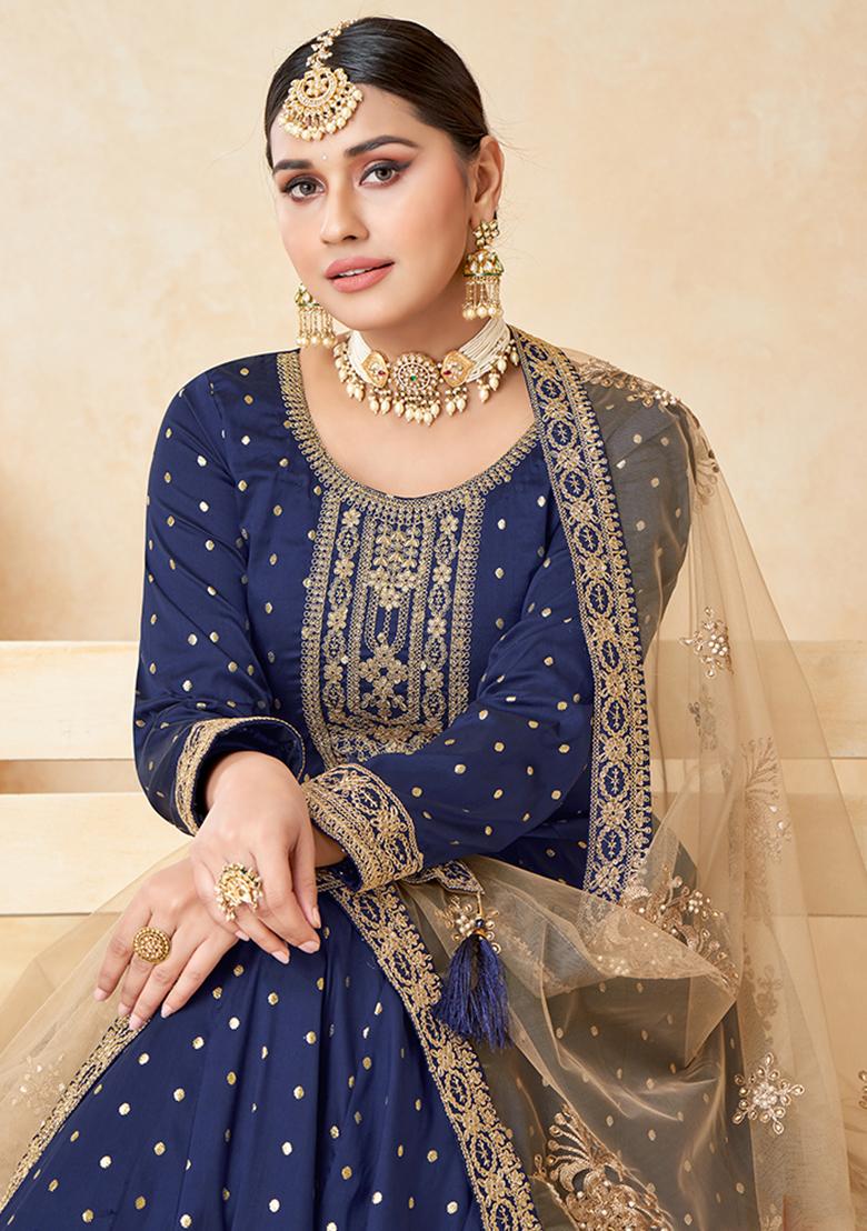 Blue Embroidered Blended Anarkali Set With Dupatta - Indya