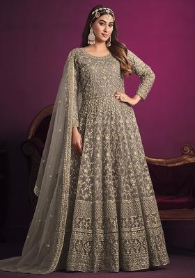 Grey Embroidered Net Anarkali Set With Dupatta