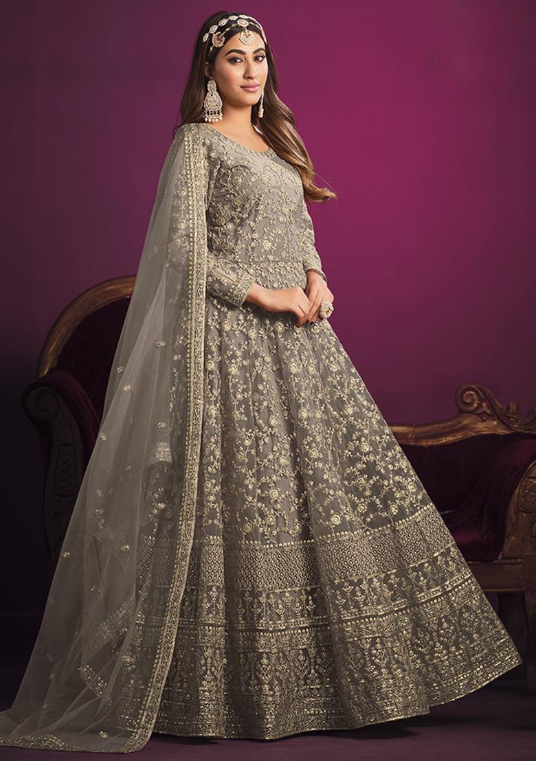 Grey Embroidered Net Anarkali Set With Dupatta - Indya