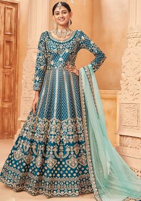 Blue Embroidered Silk Anarkali Set With Dupatta