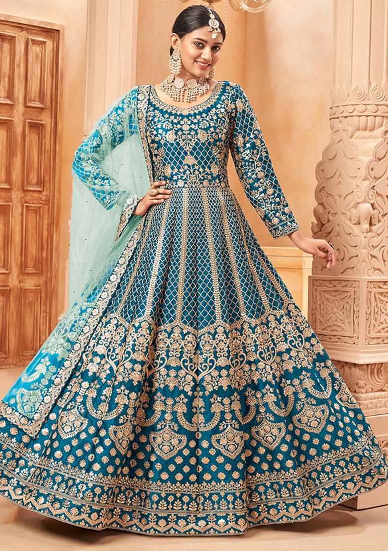 Blue Embroidered Silk Anarkali Set With Dupatta - Indya