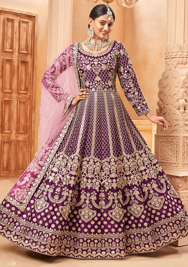 Purple Embroidered Silk Anarkali Set With Dupatta - Indya