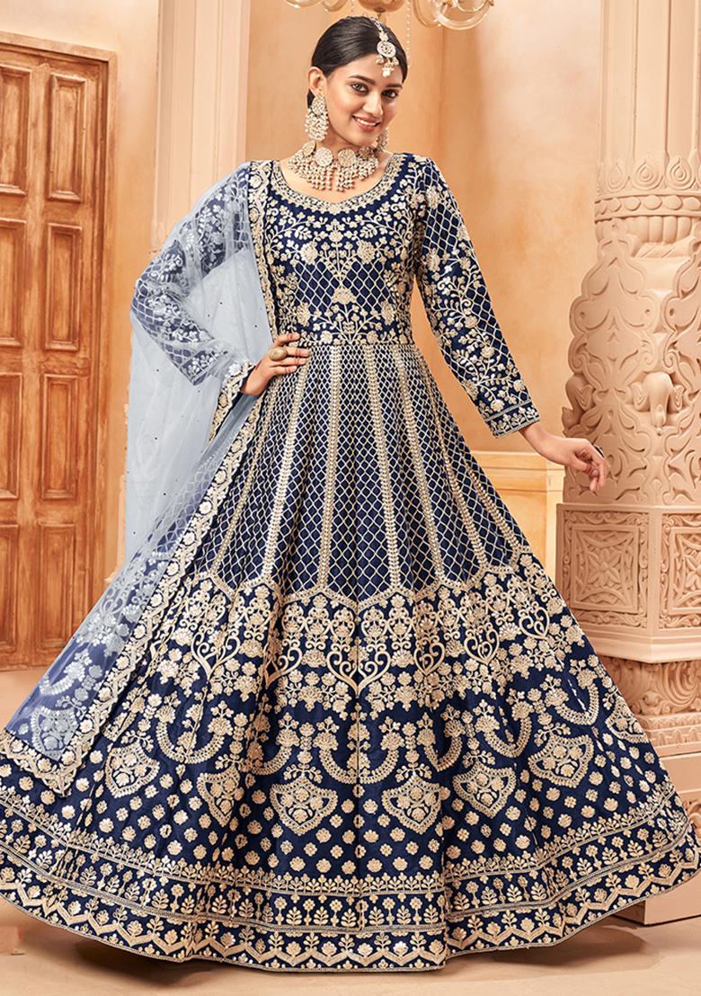 Blue Embroidered Silk Anarkali Set With Dupatta - Indya