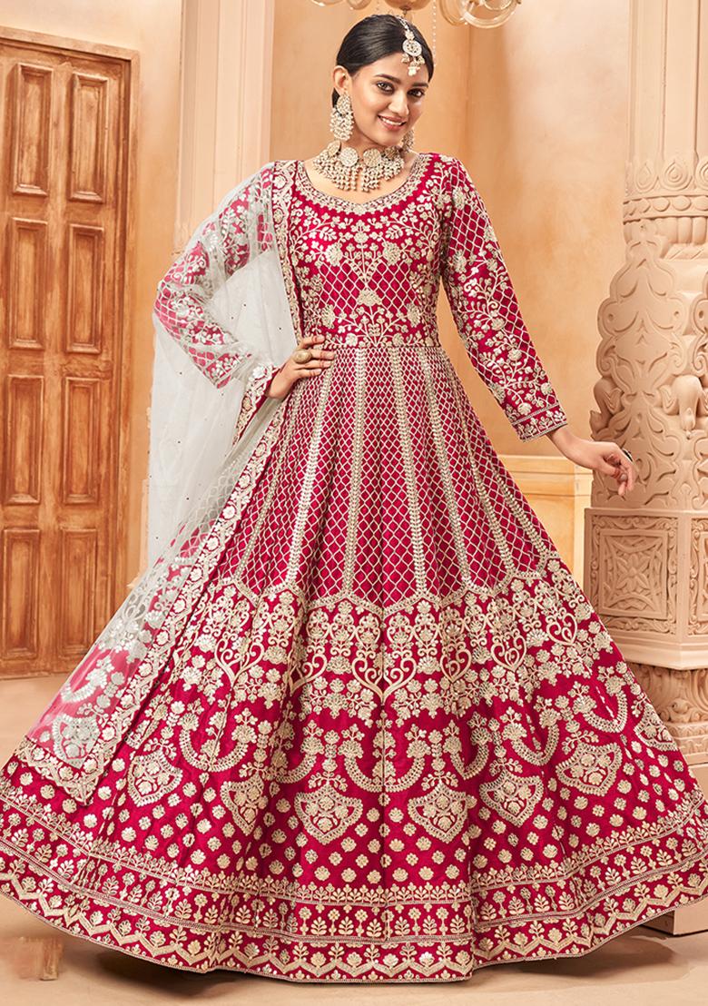 Pink Embroidered Silk Anarkali Set With Dupatta - Indya