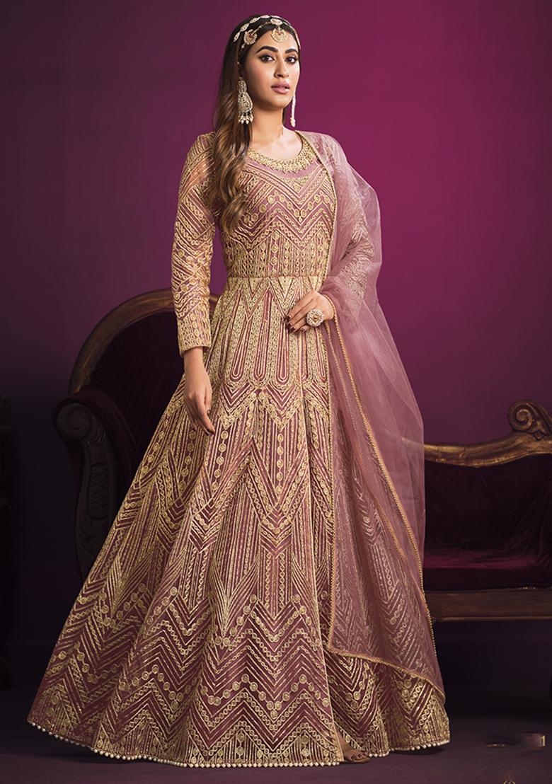 Pink Embroidered Net Salwar Kameez With Dupatta - Indya